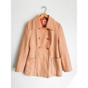 Tulle Anthropologie Orange White Textured Double Breasted Pea Coat Jacket Size M